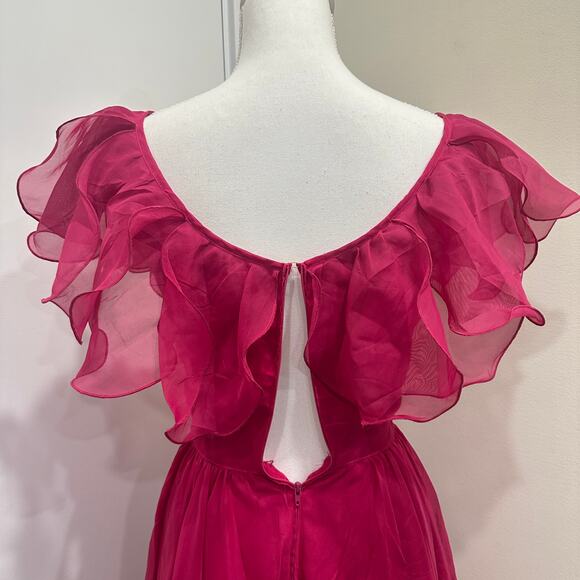 VTG 80s C&A Your Sixth Sense Fuchsia Ruffle Sequin Chiffon Maxi Gown XS Coquette - Picture 7 of 12